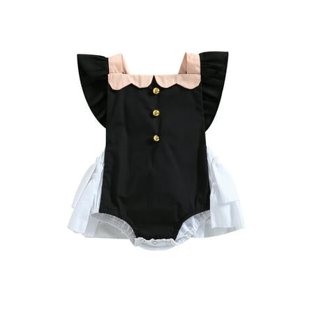 

Suanret Toddler Baby Girls Romper Dress Fly Sleeve Square Neck Backless Tie-up Patchwork Summer Bodysuit Casual Jumpsuit Black 6-12 Months