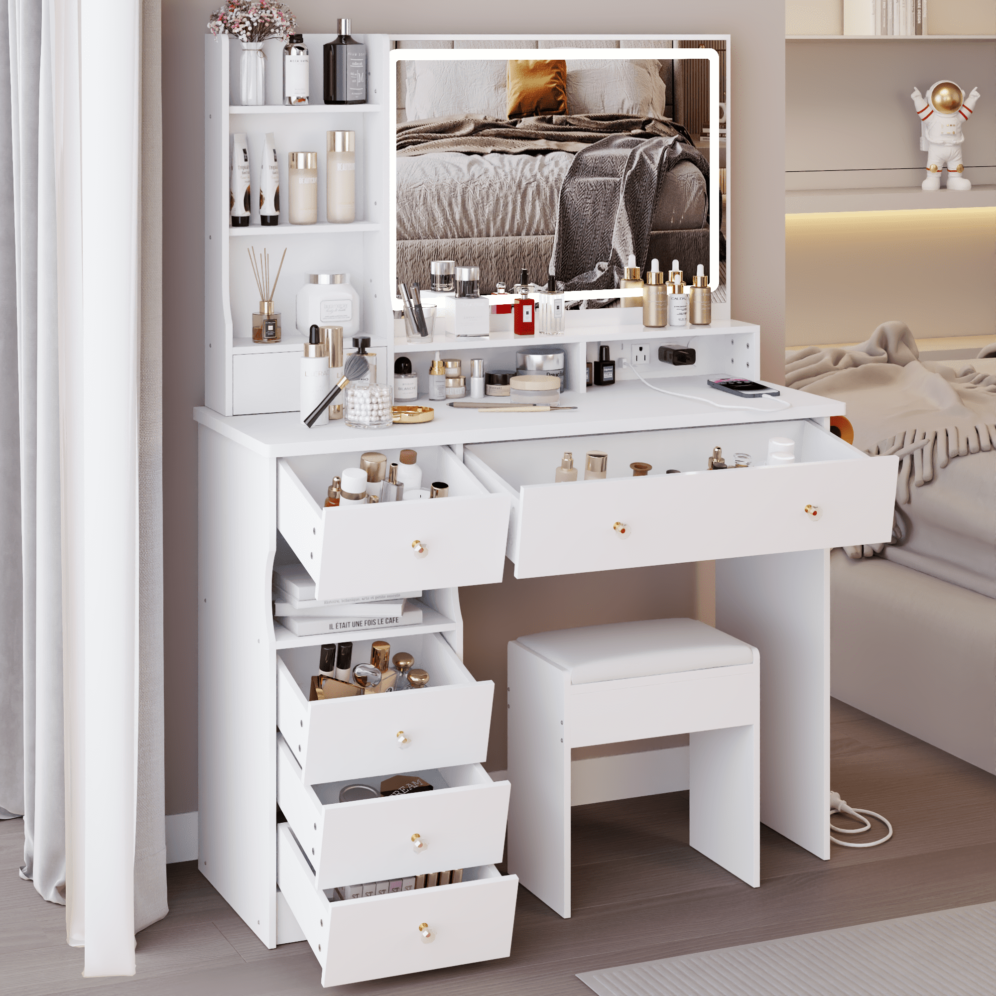 Euroco 41" Large Size Left Drawer Desktop Vanity Table+Cushioned Stool Dresser Set, 2 AC+2 USB Power Station, Hair Dryer Stand, Extra Large Touch Control LED Mirror