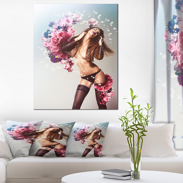 Femme Sexy Marron avec Fleurs - Impression sur Toile Portrait
