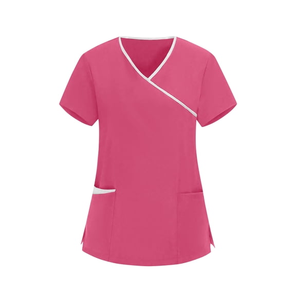 Hurxie Scrubs for Women Short Sleeve Button Down Scrub Tops Collar Comfort Fit Scrub Shirts Hot Pink S
