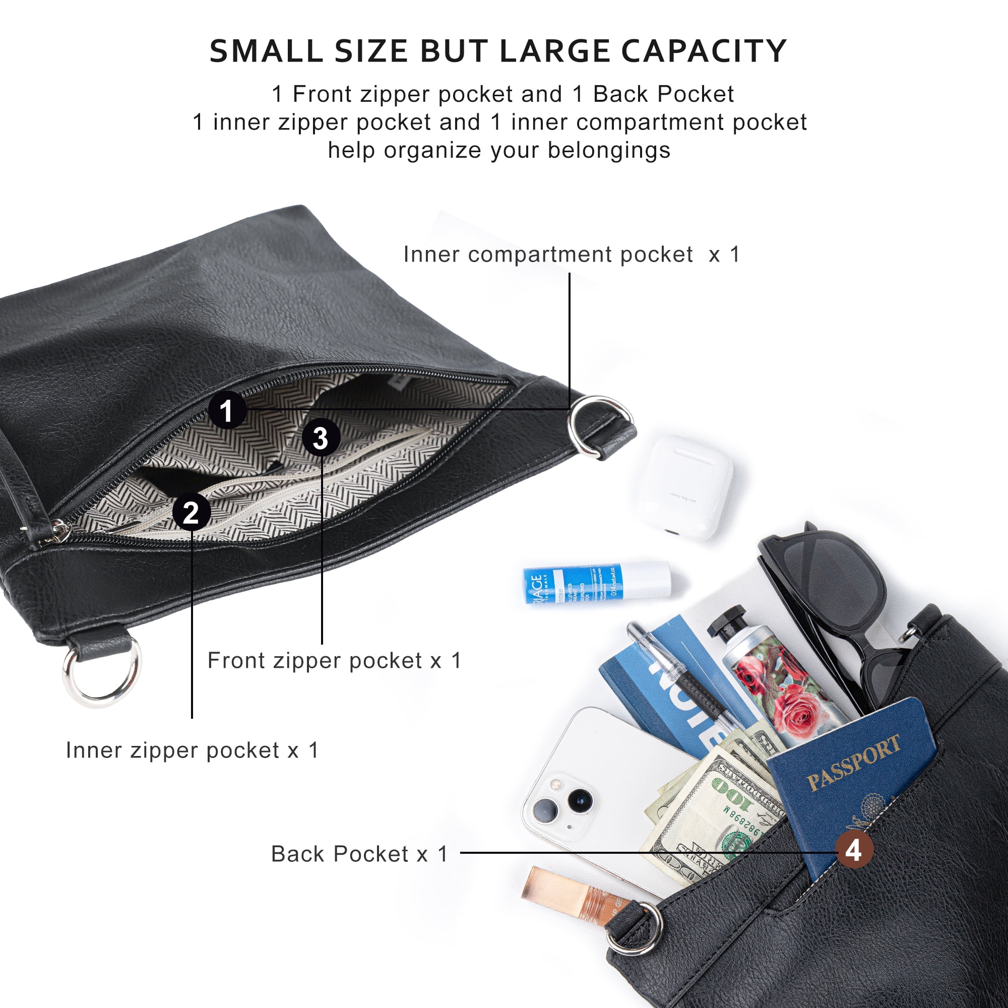 HONGLONG Leather Crossbody Bags for Women, Crossbody Purse with Guitar Strap Zipped Pockets Handbag Shoulder Bag