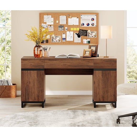 WAMPAT 59" Rustic Brown Modern Executive Desk with Drawers & Charging Station, Wood Computer Writing Desk with File Drawer, Study Table for Bedroom, Living Room & Home Office