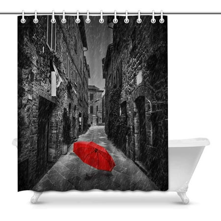 MKHERT Red Umbrella On Dark Narrow Street in European Italian Town Waterproof Fabric Shower Curtain Set Bathroom Hooks 60x72 inch