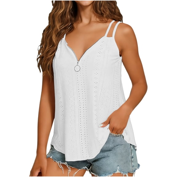 GUACER Womens Eyelet Tank Tops Fashion V Neck with Zipper Sleeveless Blouses Loose Fit Summer Shirts