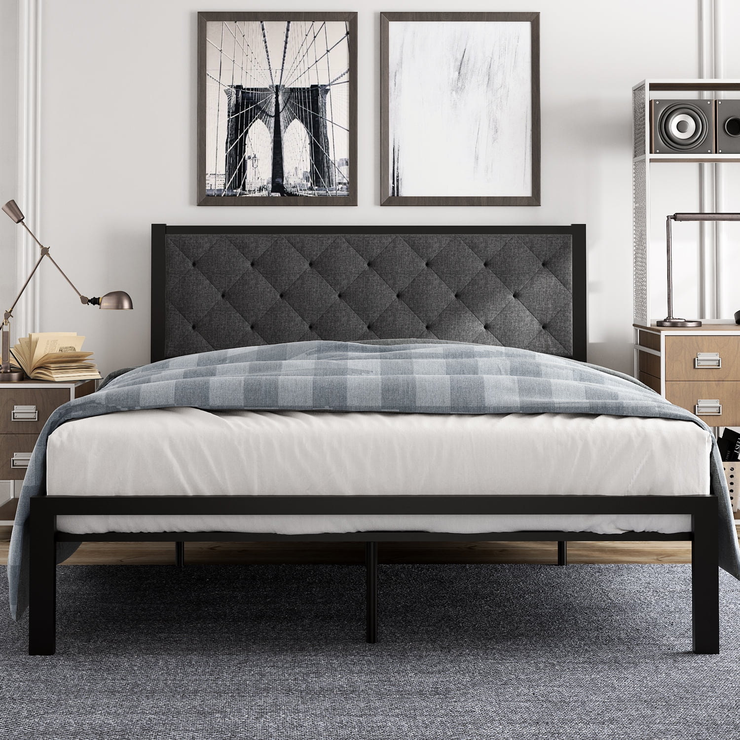 Amolife Full Size Platform Bed Frame with Upholstered Headboard, Dark Grey