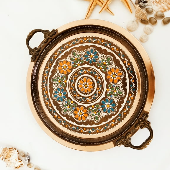 Copper Serving Tray, Handmade, Small Size ,Round Tray, Large Tray, Vintage Tray, Decorative Tray, Copper Tray With Colourful Flowers