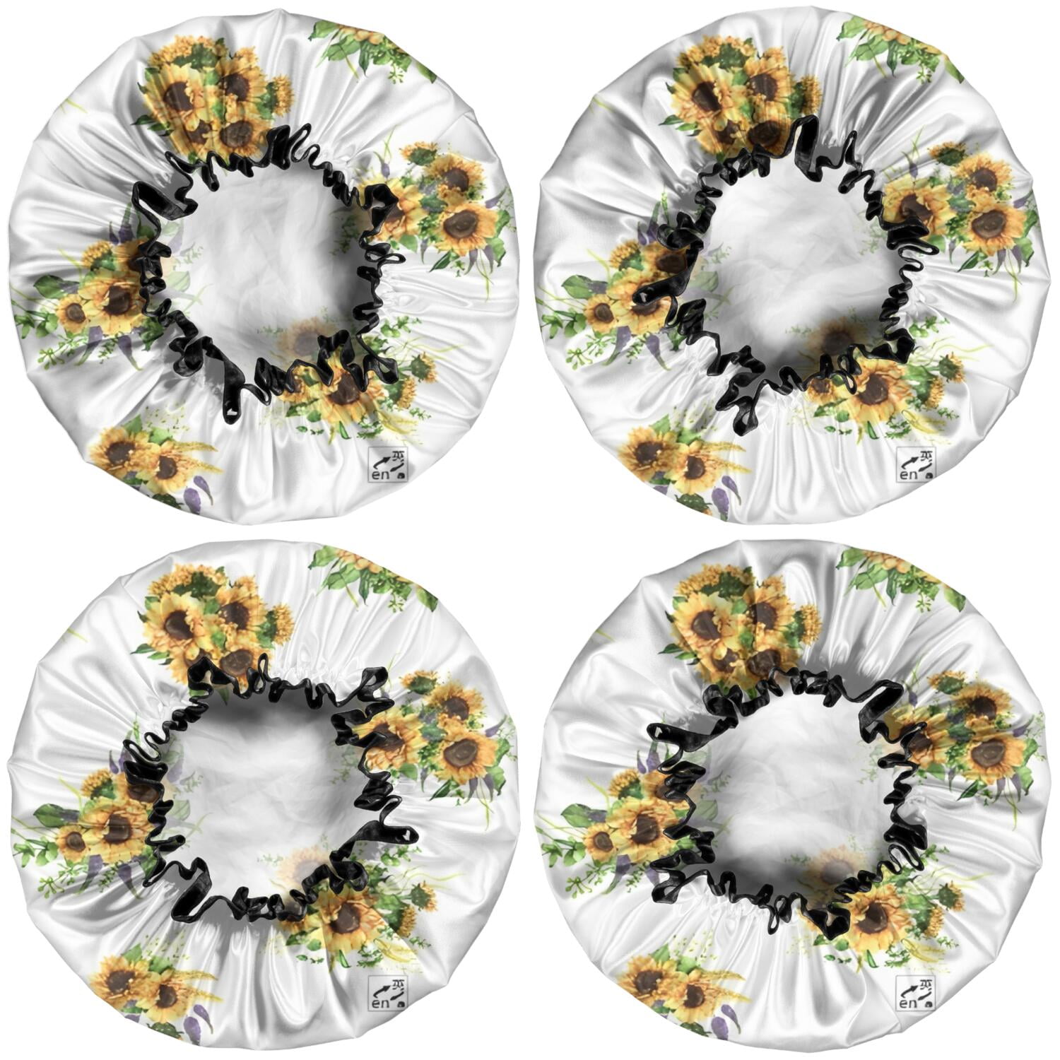Shower Caps,White Yellow Purple Flower Bouquet Sunflower Pattern Waterproof Shower Cap for Women 4 Pieces,Double Reusable Hair Cover for Shower PEVA Elastic Stretch Hem