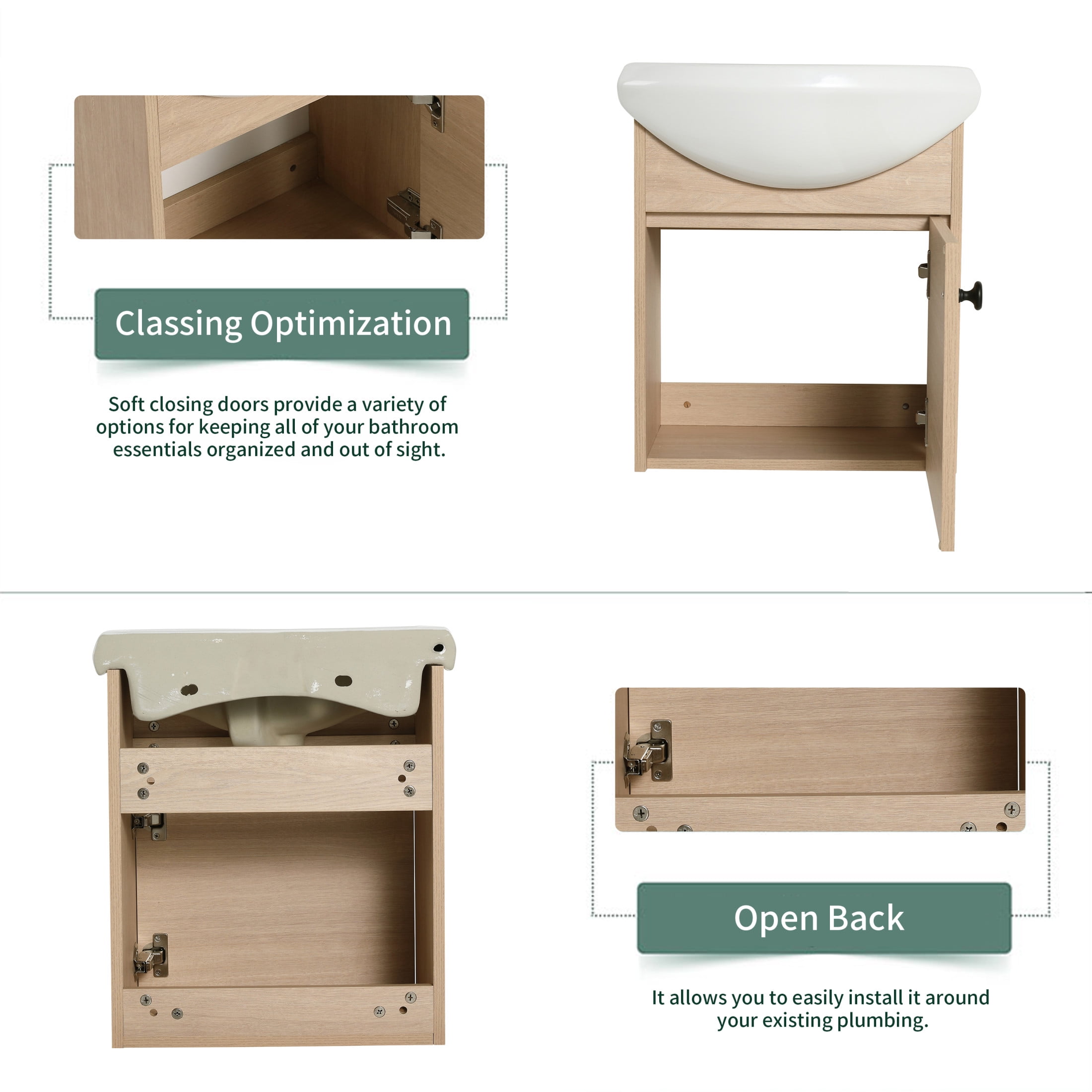 Noble House 18" Floating Bathroom Vanity, Ceramic Sink, Plywood Soft-Close Door, Wall-Mounting, Plain Light Oak
