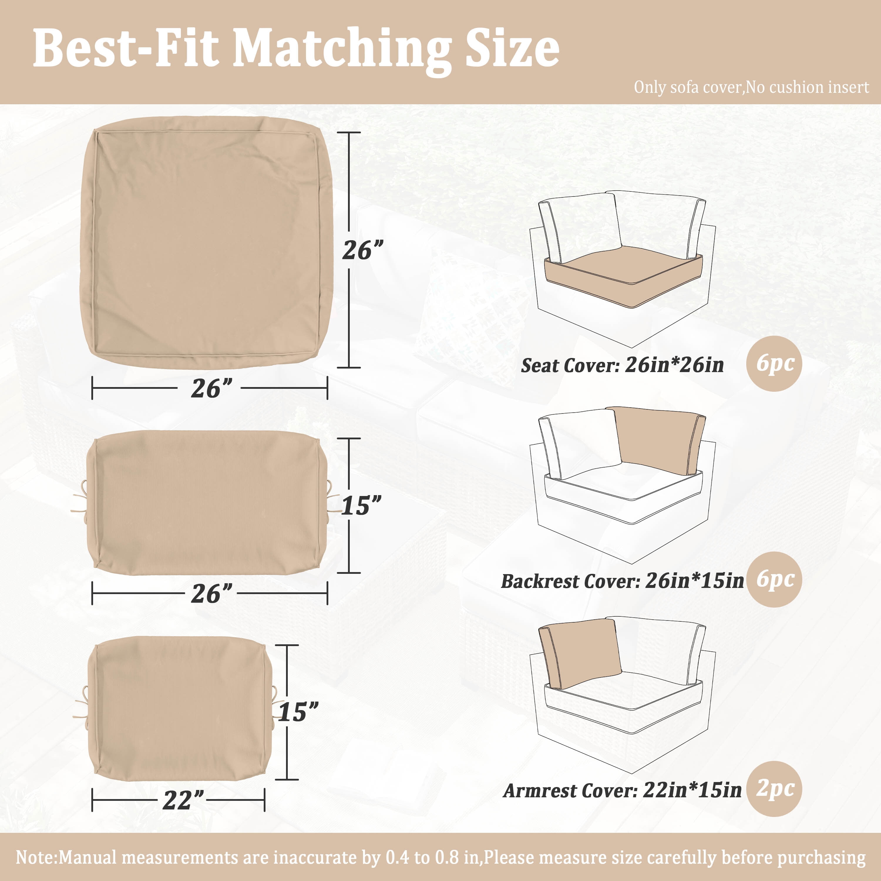 Kimunuk 14 Pcs Outdoor Cushion Slipcovers, Replacement Outdoor Patio Cushion Covers with 3 Size, Waterproof and Zippered, Fit for Outdoor Furniture, Patio Sofa Couch, Covers Only, Sand
