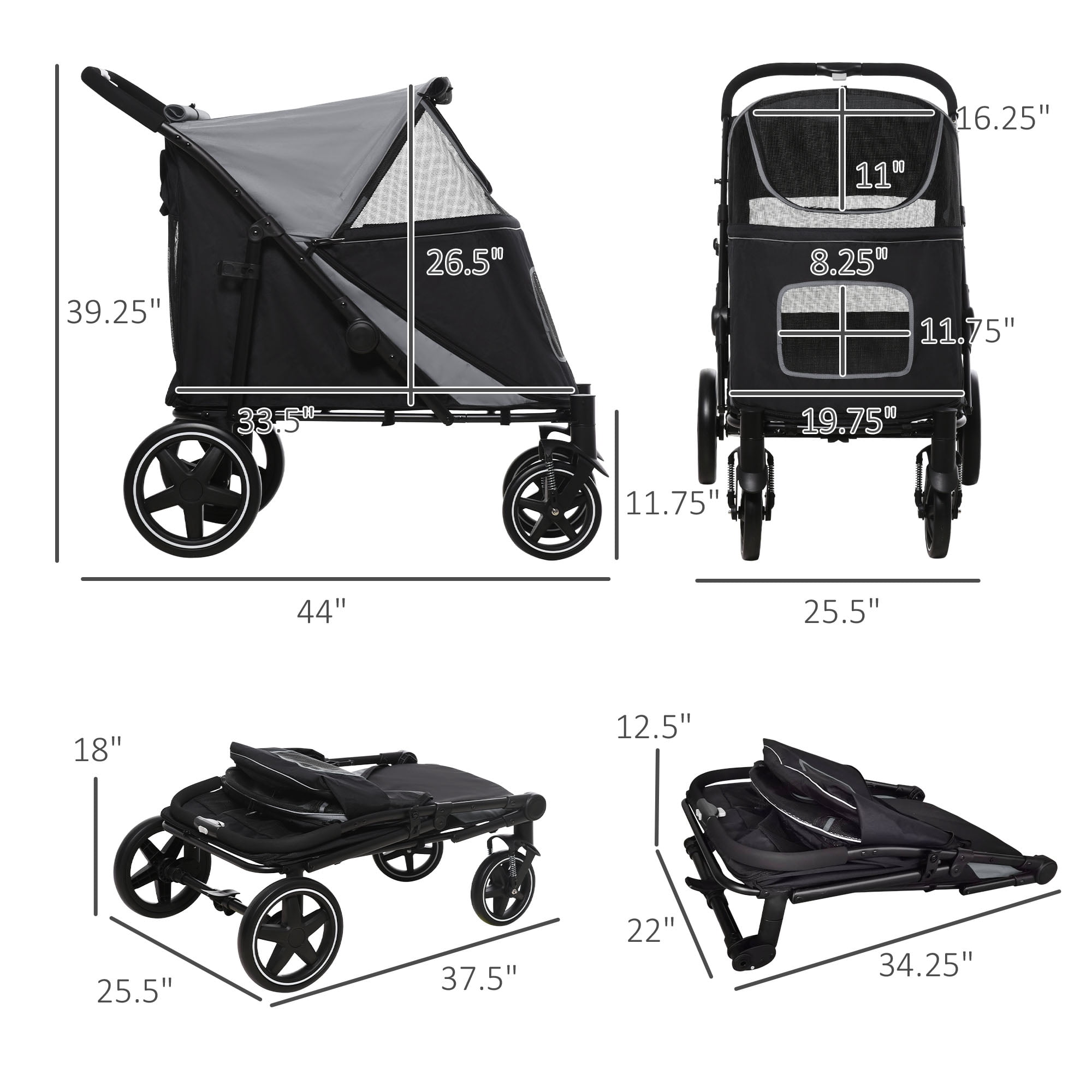 One-Click Foldable Doggy Stroller for Medium Large Dogs, Pet Stroller with Storage, Smooth Ride with Shock Absorption, Mesh Window, Safety Leash, Big Dog Walking Stroller, Gray