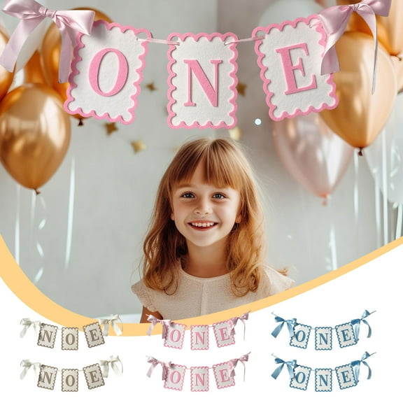 First Birthday “ONE” Banner Garland Set, Fabric Alphabet Pull-Flag Backdrop with Ribbon for Kids Birthday Party Decorations