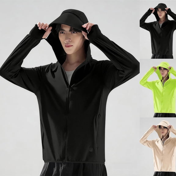UPF50 Sun Protection Hoodie for Men Ice Silk Lightweight Breathable Long Sleeve Jacket with Zipper and Drawstring Outdoor Fishing Shirt Green