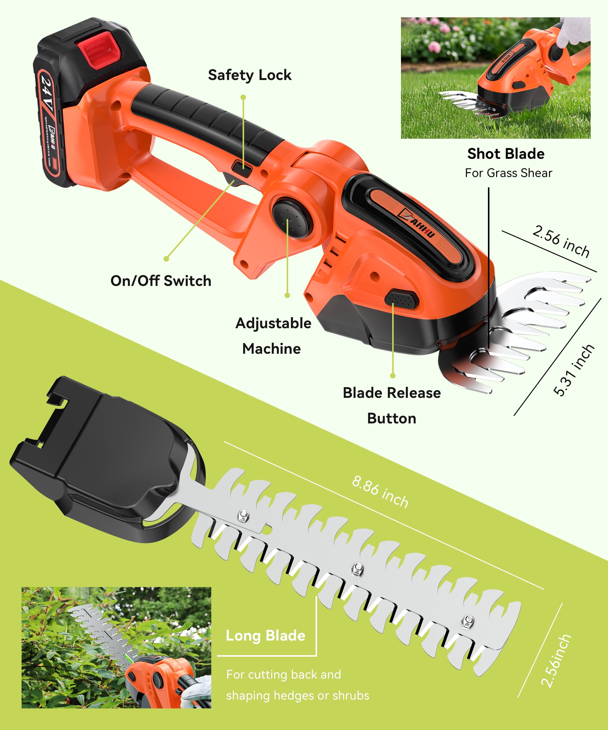 YAHHU Cordless Hedge Trimmer, 3 in 1 Handheld Electric Grass Trimmer , Trimmer for Bush,Tree, Garden, Patio and Lawn