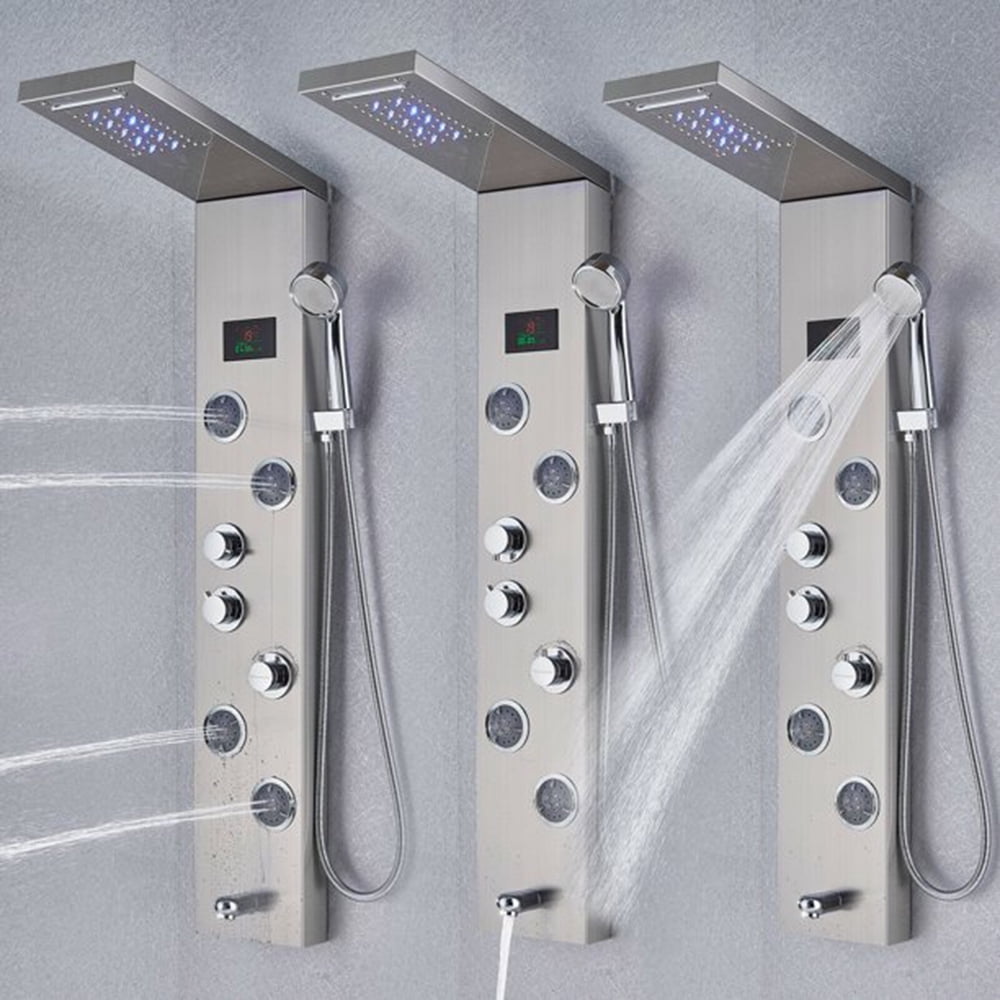 Senlesen Brushed Nickel Shower Panel Tower LED Rain Waterfall Massage System Body Tub Tap