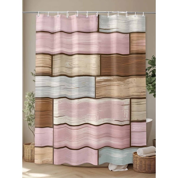 Shower Curtain, Rustic Pink Brown Wood Grain Waterproof Shower Curtain Set with Hooks for Bathroom Showers,Stalls and Bathtubs,72x72In Vintage Wooden Plank