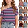 thumbnail image 2 of AHTJRT Girls Off the Shoulder Tops Asymmetrical Neck Short Sleeve Oversized T-Shirts Y2K Cute Summer Streetwear Blouses Green#06 7-8 Years, 2 of 10