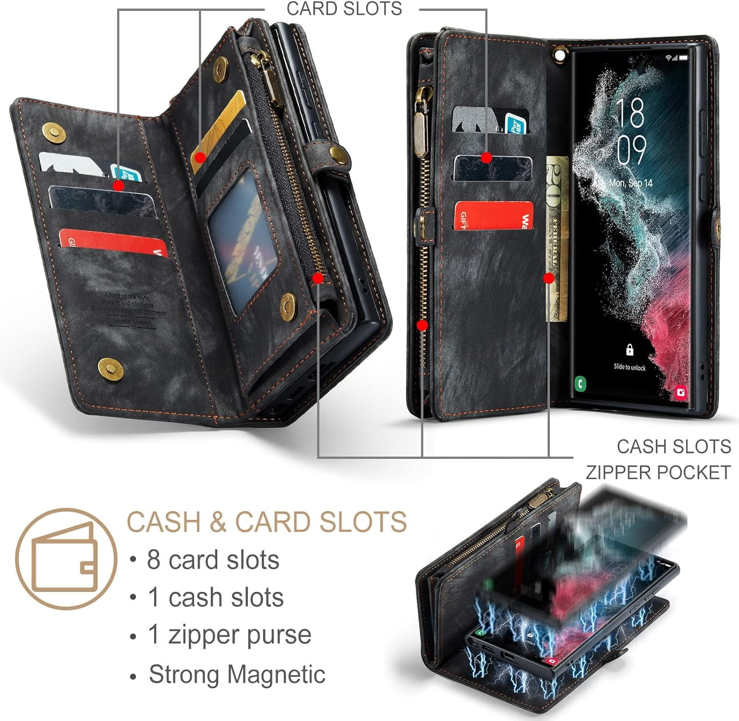 Phone Case for Samsung Galaxy S22 Ultra 5G Zipper Wallet Cover with Tempered Glass Screen Protector and Flip Card Holder Cell Accessories Gaxaly S22ultra 22S S 22 22ultra G5 Women Men Black
