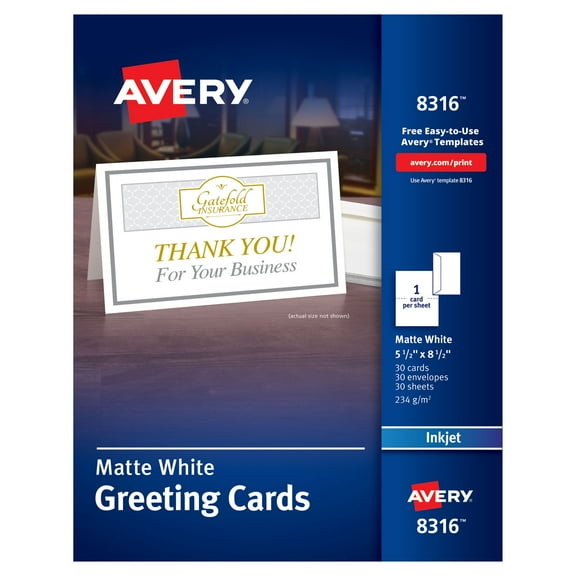 Avery Half-Fold Greeting Cards, Inkjet, 5 1/2 x 8.5, Matte White, 30/Box w/Envelopes (8316)