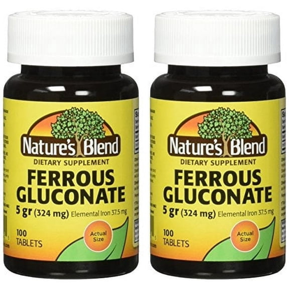 Nature's Blend Ferrous Gluconate Tablets, Iron Supplements, 100 Count Pack of 2