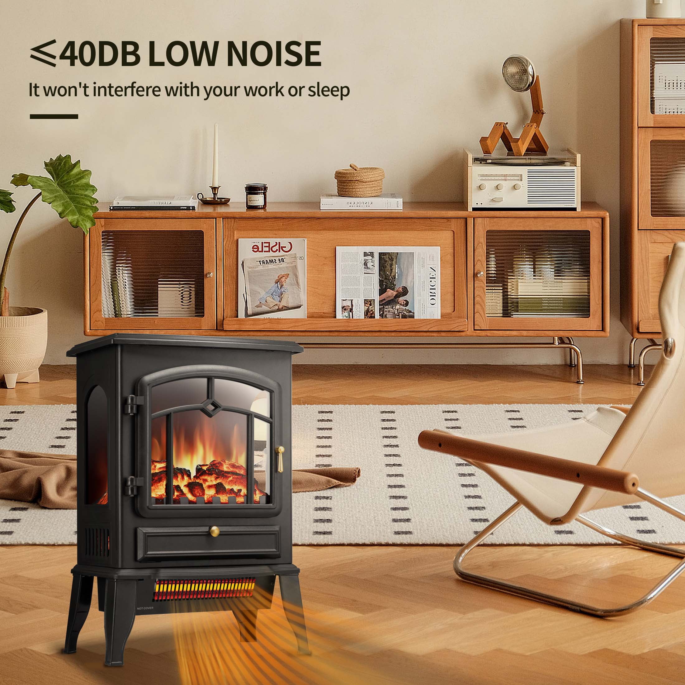KISSAIR Infrared Electric Fireplace Stove, 15" Freestanding Fireplace Heater, Adjustable Brightness and Heating Mode, 1000W/1500W, Black