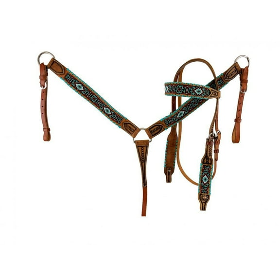 Showman Beaded Leather Headstall & Breast Collar Set w/ Teal Rawhide Accent