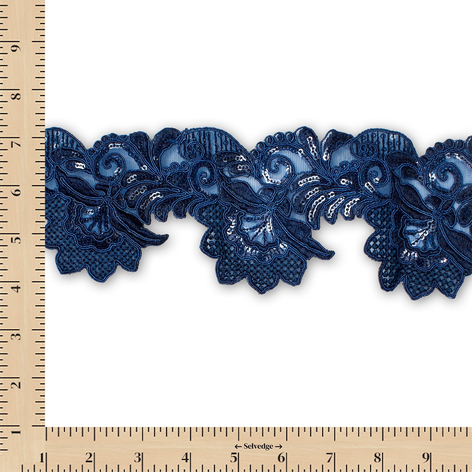 Embroidered Lace Trim 4" Leaf Floral Corded Sequin Embroidery On Sheer Polyester Scalloped Mesh - Navy Blue (9 Meters, 1 Pack)