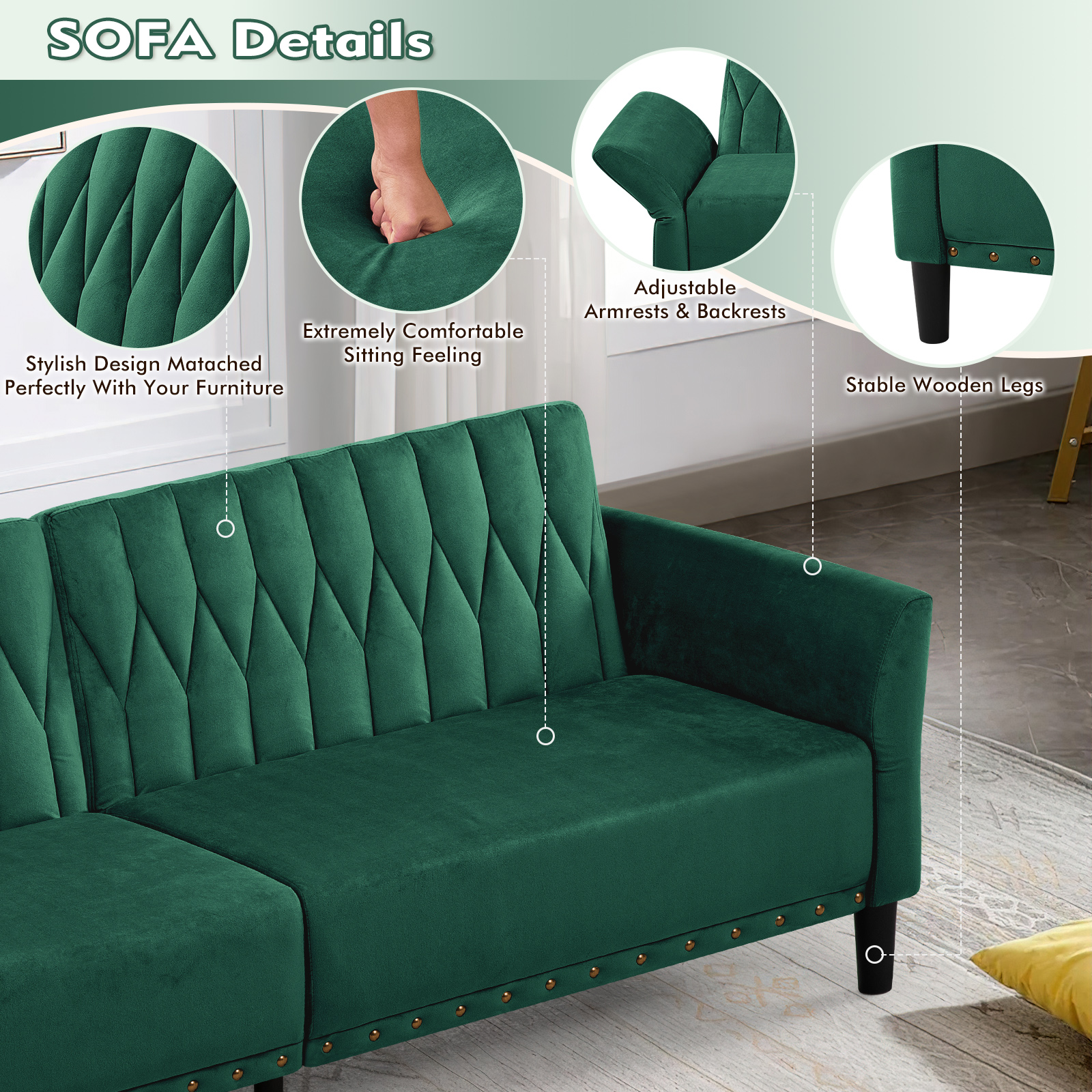 ACMEASE 77 Inches Velvet Sofa Bed w/Adjustable Backrests & Armrests, Tufted Sleeper Sofa Couch w/Nailhead Trim, Convertible Modern Recliner Loveseat for Living Room,Office, Green