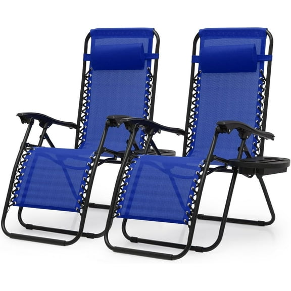 Zero Gravity Chairs, Portable Folding Reclining Lounge Chairs with Adjustable Pillow and Cup Holder Trays for Outdoor, Patio, Beach, Camping, Garden, Poolside, Set of 2 Royal Blue