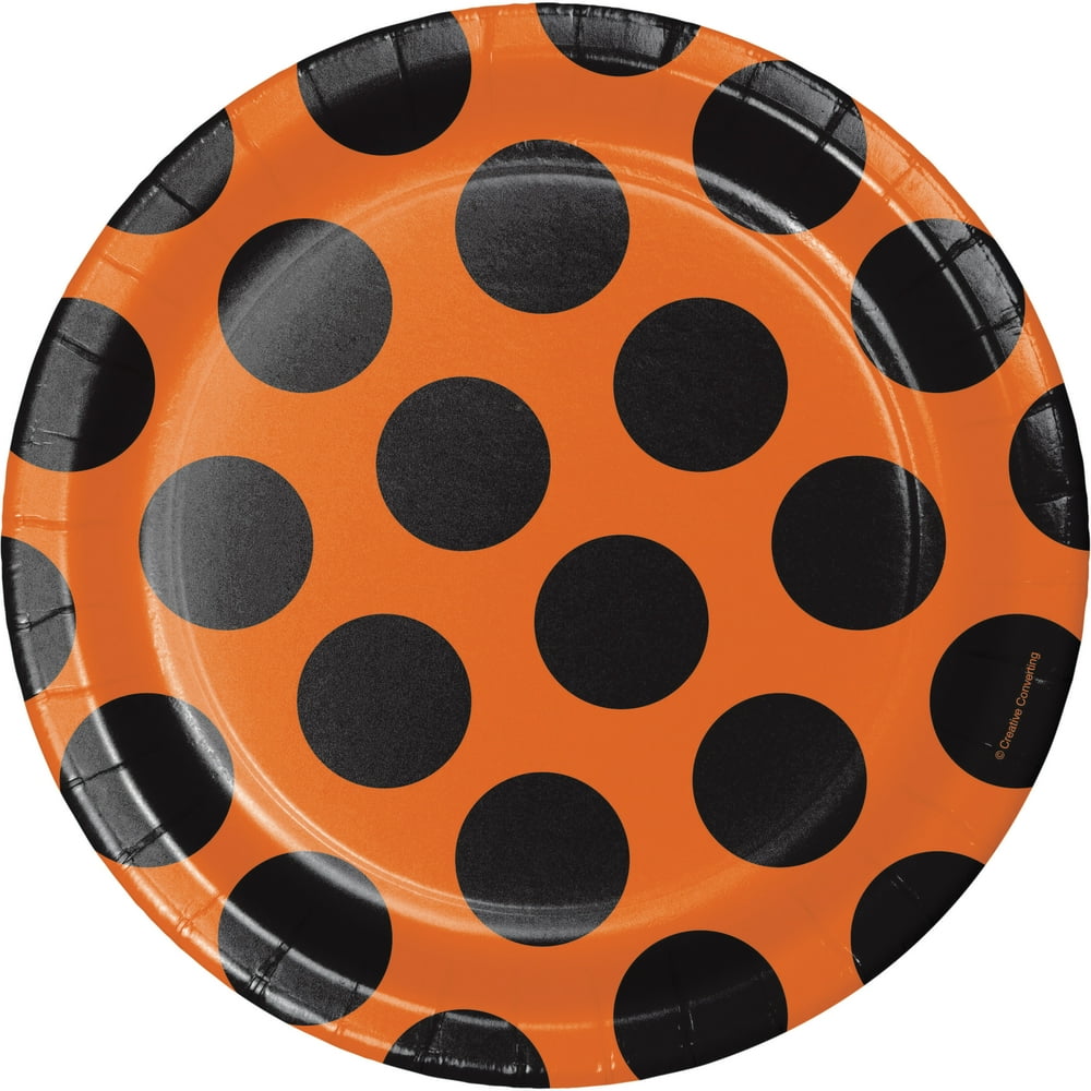 Orange and Black Polka Dot Paper Plates, 8 pack