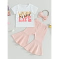 thumbnail image 2 of Bslissey Toddler Little Girls Long Pants Sets Short Sleeve Letter Print T-shirt Tops + Flare Pants + Headband 3Pcs Outfits Infant Baby Casual Summer Clothes 6M-4T, 2 of 10