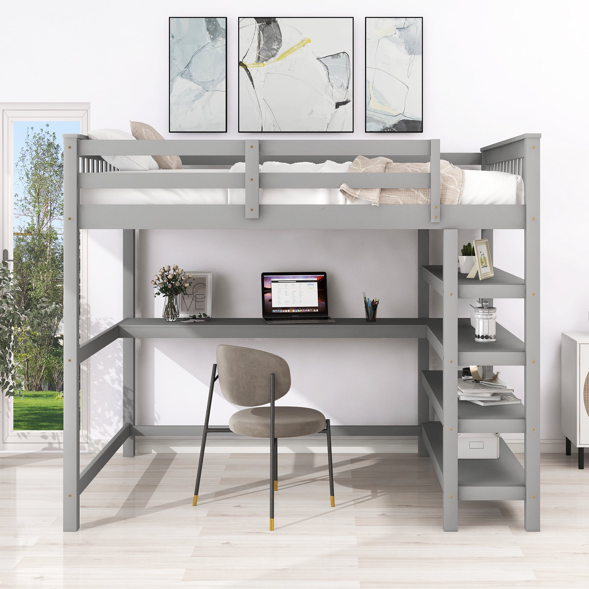 Euroco Solid Wood Full Loft Bed with Desk and 4-Tier Storage Shelves for Kids Bedrrom, Gray