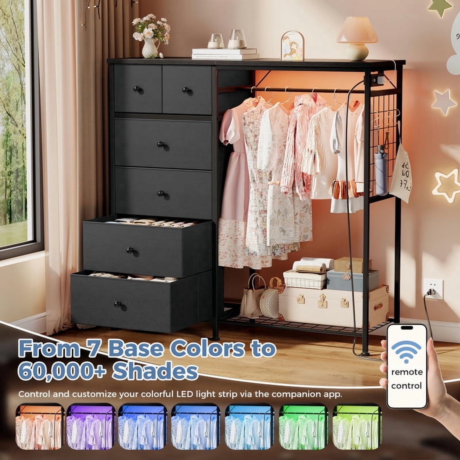 Kelno 6 Drawer Dresser with Hanging Rack LED Lights Charging Station Fabric Closet Organizer Storage Tower, Gray