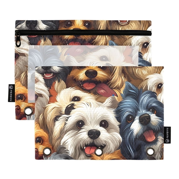 ALAZA 2 Pack Pencil Pouch Cute Dogs Doodle Print Pencil Case for 3 Ring Binder Clear Window Pencil Bag Organizers