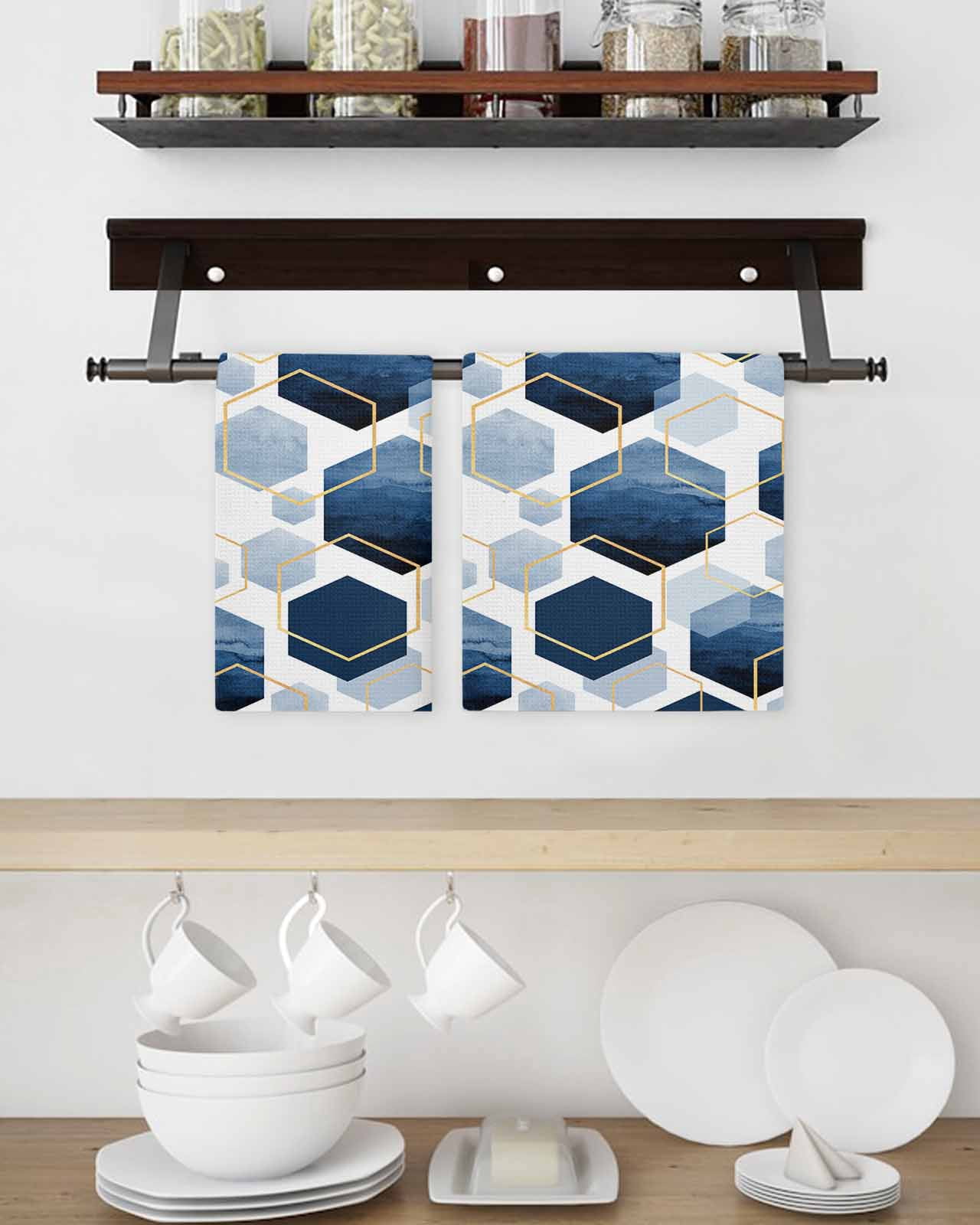 Navy Blue Marble Kitchen Dish Towels for Drying Dishes Set of 2, Gold White Geometric Hexagon Modern Waffle Weave Microfiber Hand Tea Bathroom Towels Quick Dry & Absorbent Towel 15.7x23.6