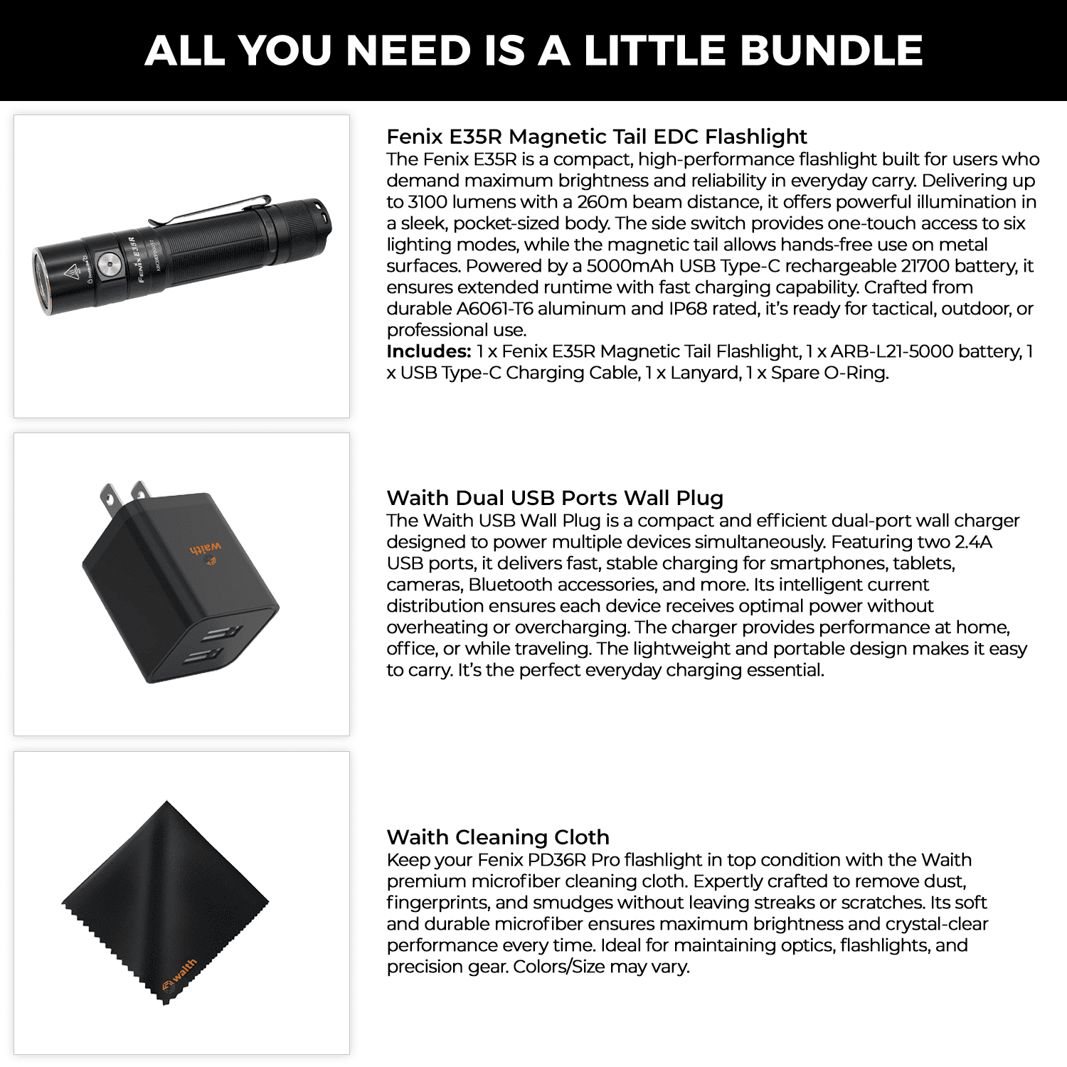 Fenix E35R Magnetic Tail EDC Flashlight - 3100 Lumens EDC & Six Lighting Modes, USB Type-C Rechargeable - Single Side Switch Light with Dual USB Ports 2.4A Wall Charger and Cleaning Cloth -Bundle Kit
