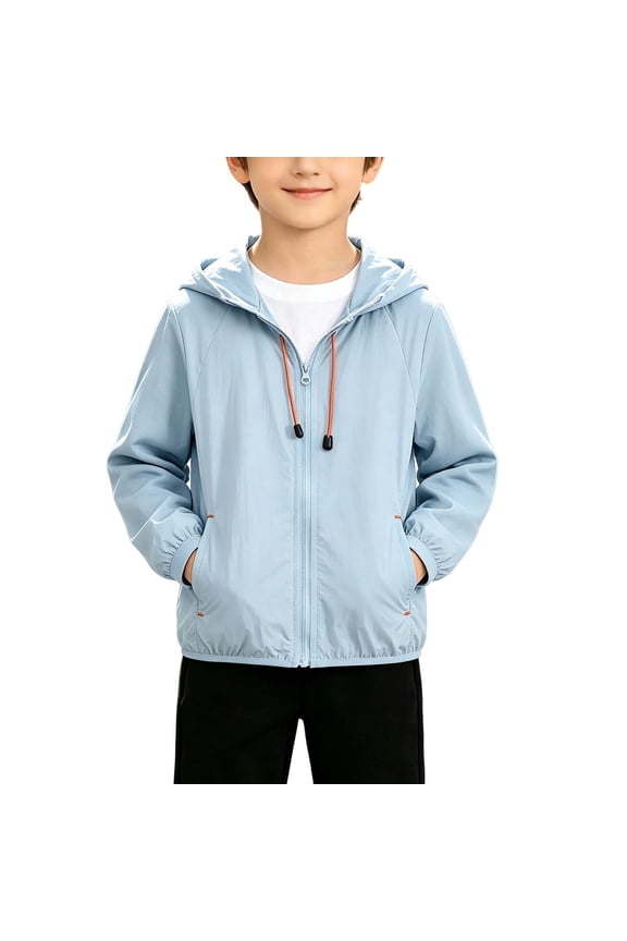 Girls Hooded Zip Up Light Windbreaker Jacket, Adjustable Drawstring Hood & Elastic Cuffs Casual Coat, Lightweight Outerwear Light Blue 8 Years