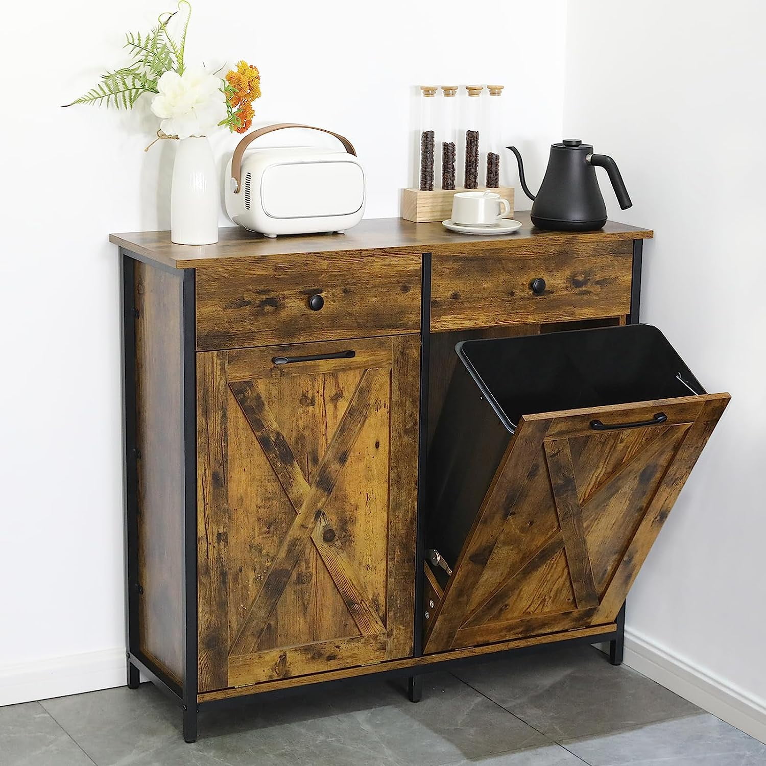 Arlopu Double Tilt Out Trash Wooden Kitchen Garbage Can Holder