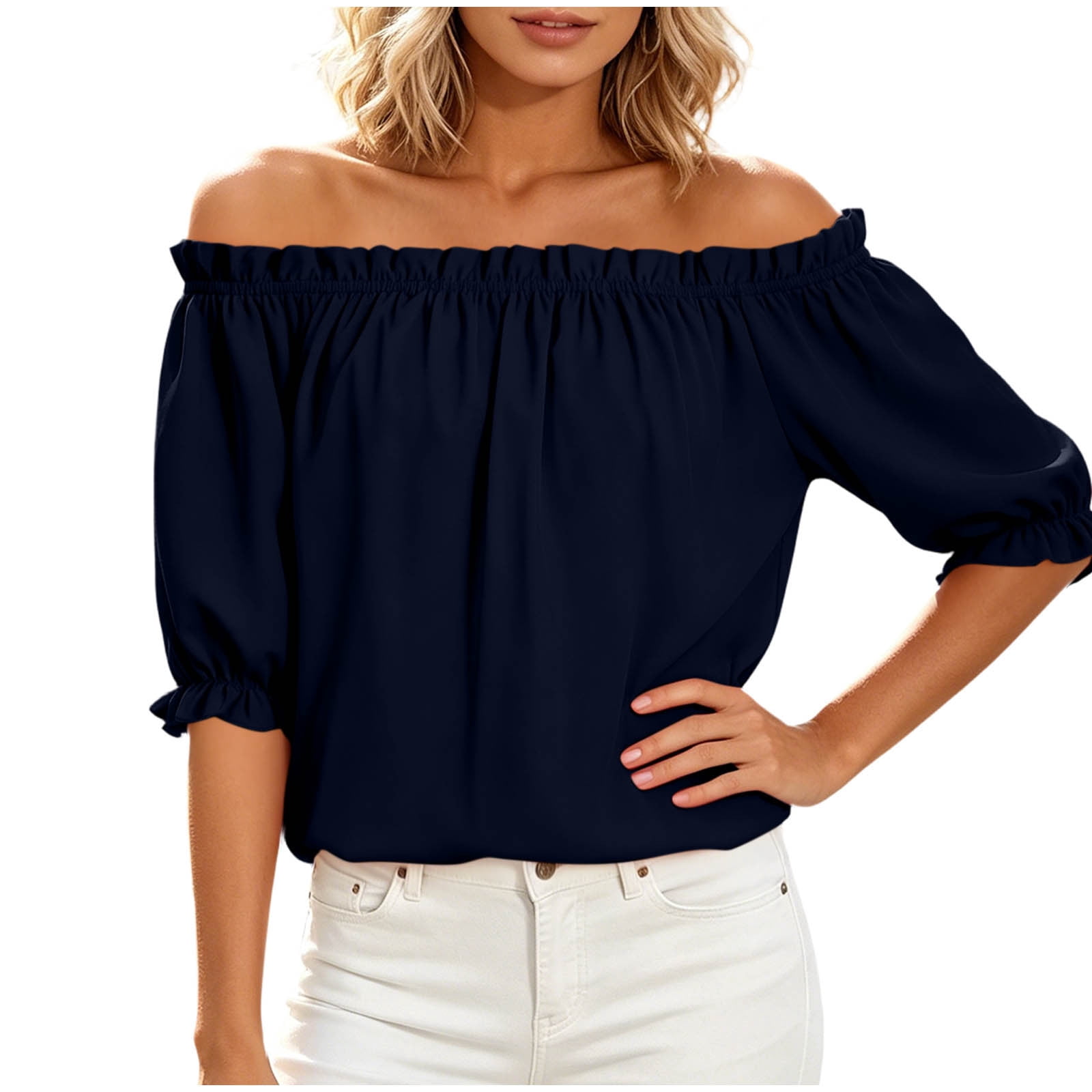 TKLPEHG Women Off Shoulder 3/4 Sleeve Blouse, Ruffled Neckline