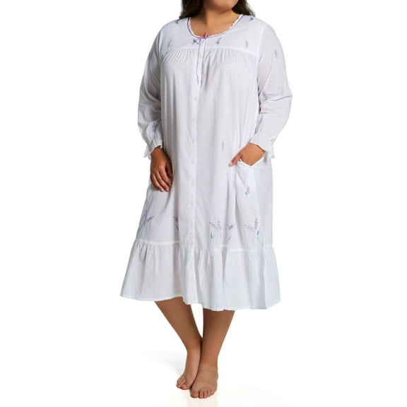 Women's La Cera 1283RX Plus 100% Cotton Woven Embroidery Long Sleeve Gown (White/Lavender 3X)