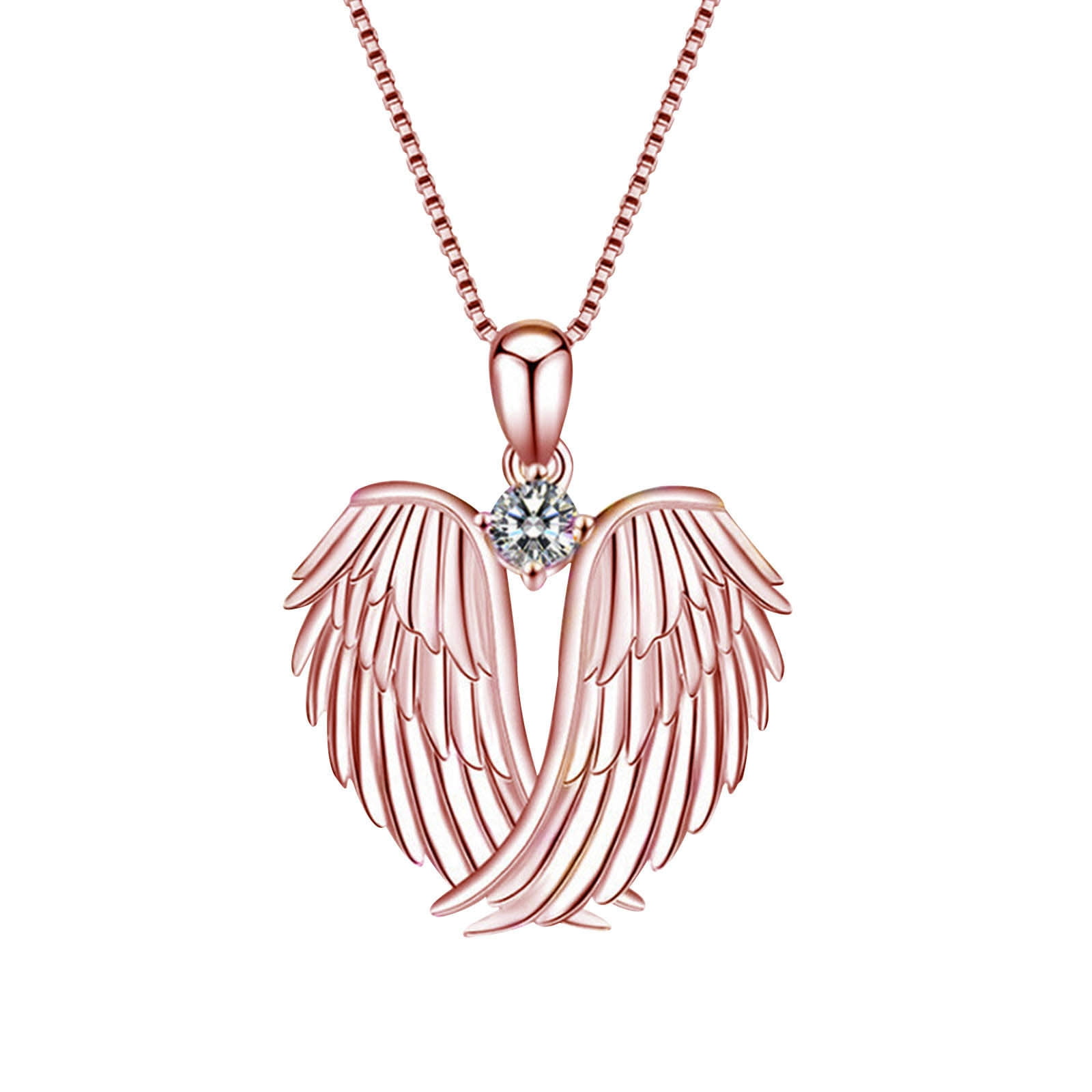Rose Gold Alloy Steel Angel Wing Pendant Birthstone Necklace For