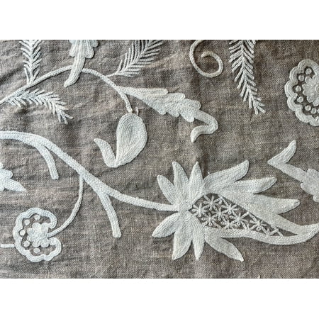 Linen Crewel Hand Embroidered Fabric – Kashmir Crewel, White on Linen, Wool Embroidery, 60 Inch Wide, 1/2 Yard Cut, Artisan Home Decor Fabric