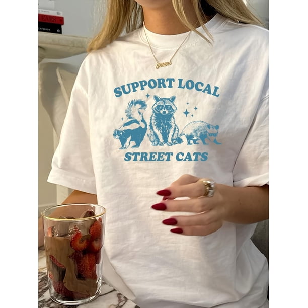 Camiseta de verano para mujer Manga Corta Women's Vintage Fox Print T-Shirt - Casual Round Neck, Short Sleeve, Polyester Tee with "Support Local Street Cats" GraphicFather's Day, Mother's Day, New Y