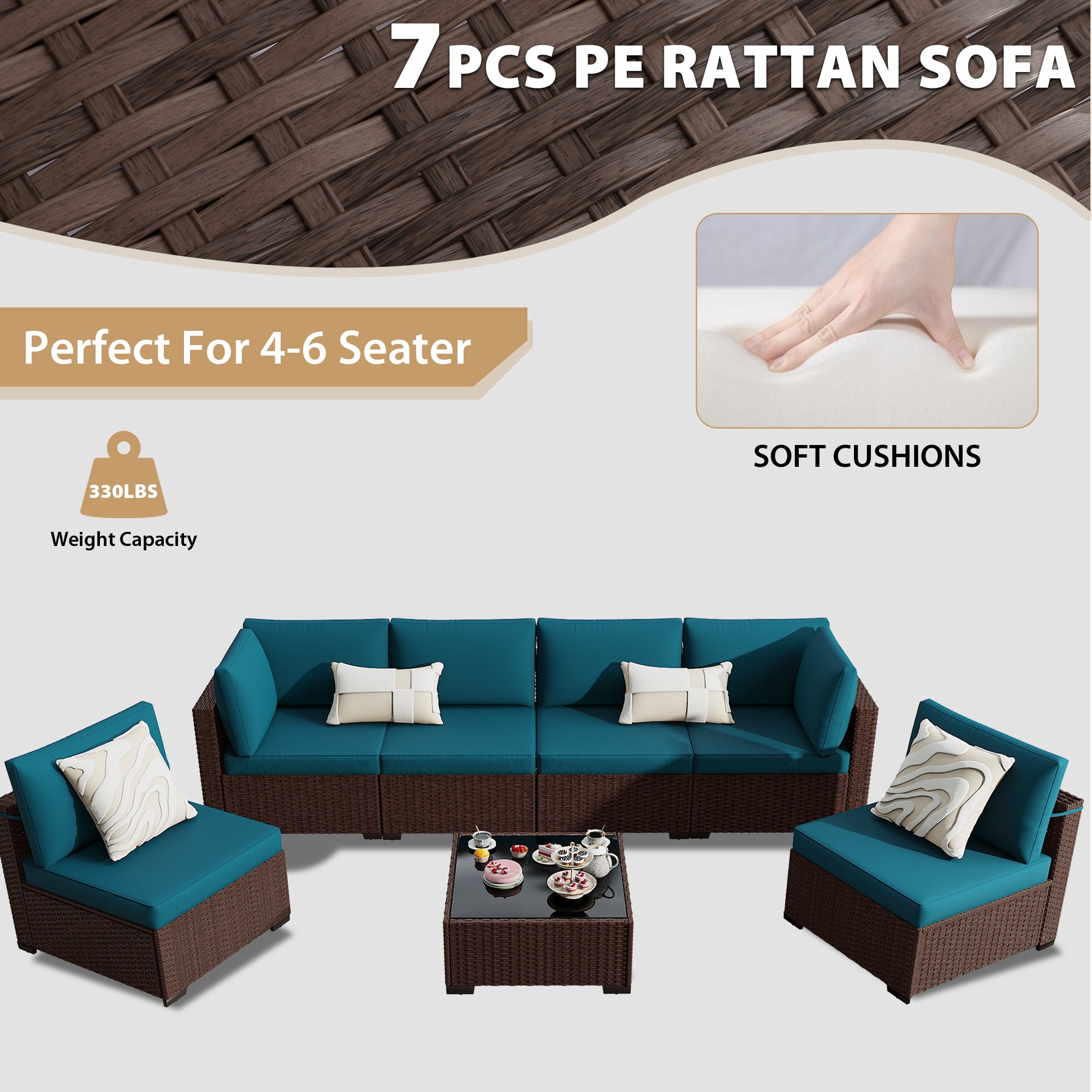 KIGOTY 7 Piece Outdoor Patio Furniture, Wicker Rattan Outdoor Conversation Set Sectional Sofas for Backyard, Garden, Brown-Blue