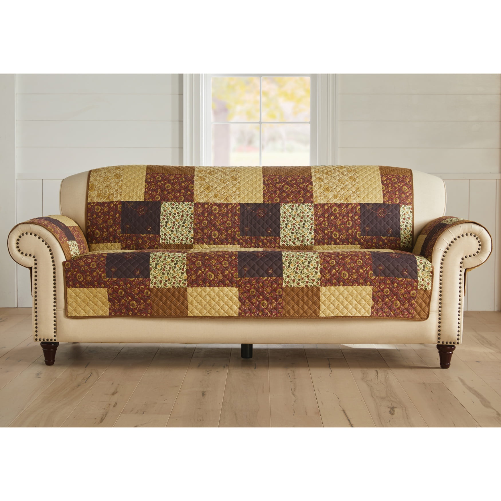 Brylanehome Printed Faux Patchwork Sofa Protector, Brown Gold Slipcover
