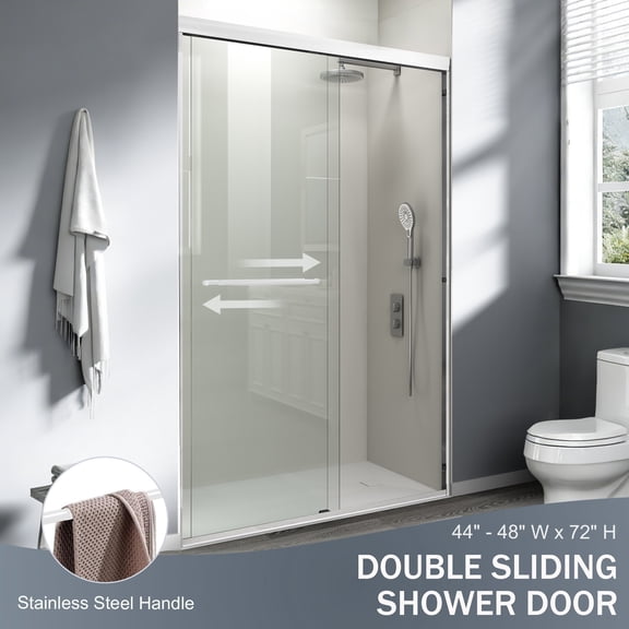 Glass Shower Door, 44" - 48" W x 72" H Double Sliding Shower Door, Semi-frameless Bypass Bathroom Sliding Door with 1/4" (6mm) Tempered Glass for Walk-in Shower, White GF-24D03-48WHX, Shower Door