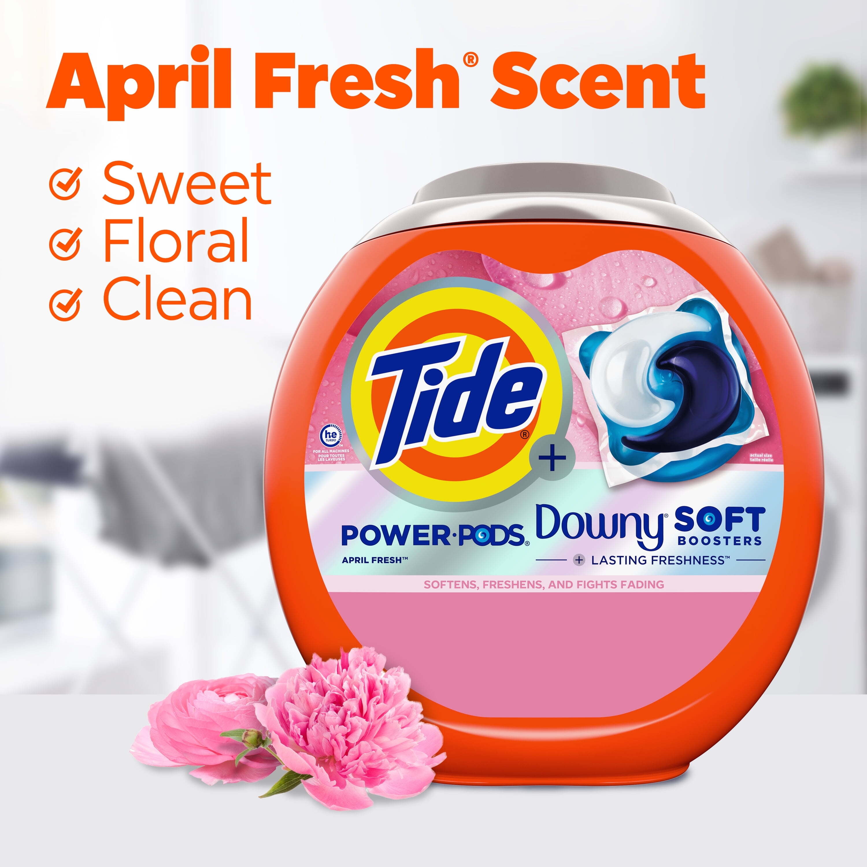 Tide Power PODS with Downy Soft Boosters Laundry Detergent Pacs, April Fresh Scent, 63 Count