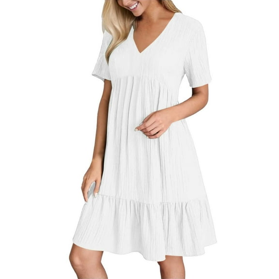 Women's Summer Casual Dress V Neck Short Sleeve Flowy Swing Midi Beach Dress Solid Color Button Shirt Dress 2025 Womens Casual Trendy Midi Dresses