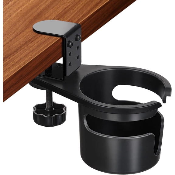 MORAVE Black Clamp-On Desk Cup Holder, Rotatable Anti-Spill Drink Stand for Water Bottle and Coffee Mug, Storage Accessory for Home, Office and School