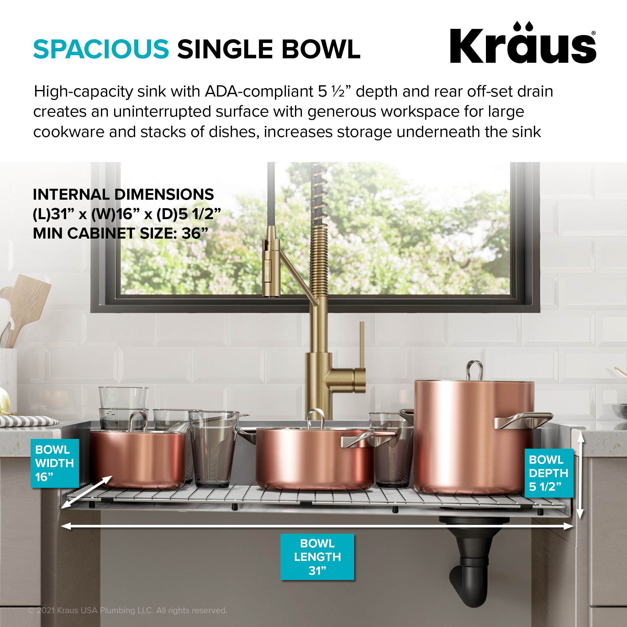 Kraus Kore ADA Workstation 33 Drop-In Topmount 16 Gauge Stainless Steel  Single Bowl Kitchen Sink with Accessories