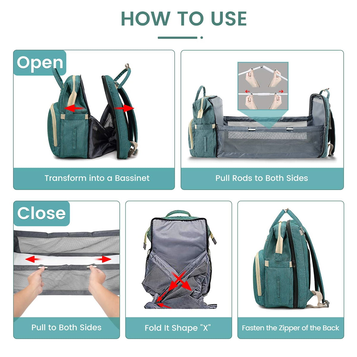 Caveen 3-in-1 Diaper Bag Backpack Waterproof with Changing Pad, Green